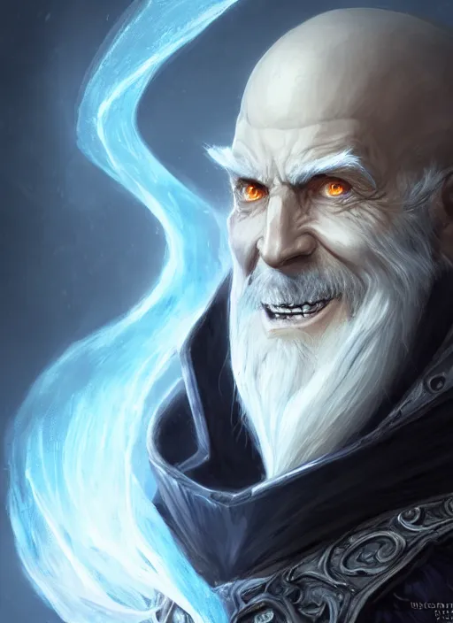 Image similar to portrait of an old male ice mage as a diablo 3 character, looking at camera, D&D, ice magic, long black hair, intricate, elegant, stylish, cute smile, fantasy, extremely detailed, digital painting, artstation, concept art, smooth, sharp focus, illustration, ambient lighting, art by artgerm and greg rutkowski and alphonse mucha and simon stalenhag