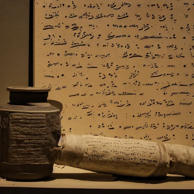 Prompt: a photo of a museum display showing a cylindrical clay jar, lying beside it is a dead sea scroll with nabeatean writing, dark, brooding, atmospheric, volume lighting