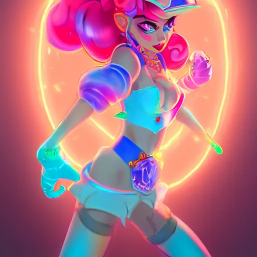 Prompt: Princess peach mixed with jinx from league of legends with neon lighting, trending on artstation, by WLOP