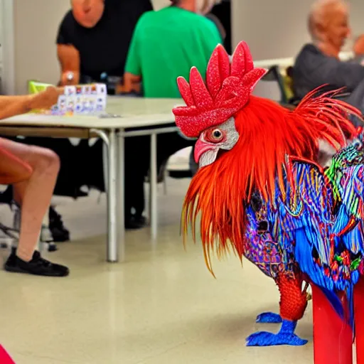 Image similar to an elderly male rooster dressed up for bingo night