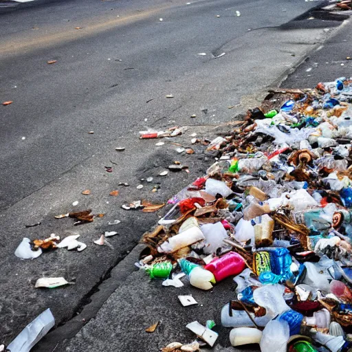 Prompt: beautiful photograph of trash in the street, minimalism, high resolution, 4 k, realist, photograph