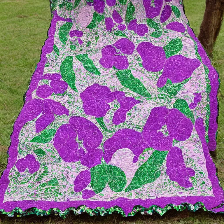 Prompt: lacy intricate hyper-realistic pattern violets and emerald gems quilt