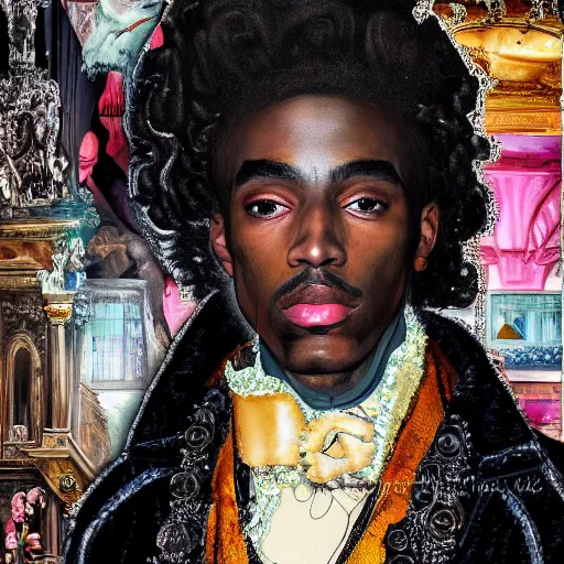 Prompt: hyperdetailed maximalist elaborate half - lenght portrait of a futuristic a beautiful black man, wearing long clothing. rococo architecture, in the style of modigliani and mixed media collage. matte background hd 8 x