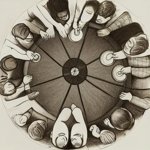 Prompt: A beautiful drawing of a group of people standing around a circular table. In the center of the table is a large, open book. The people in the drawing are looking at the book with interest and appear to be discussing its contents. mythological map by Janine Antoni exciting