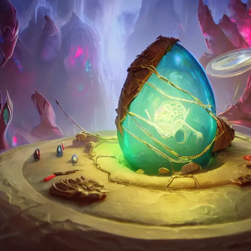 Prompt: arcanepunk egg made of glass containing a baby creature inside, artificial creature plugged with long wires made of glass, liquids, DNA experiment, bright art masterpiece artstation. 8k, sharp high quality artwork in style of Jose Daniel Cabrera Pena and Greg Rutkowski, golden theme, concept art by Tooth Wu, blizzard warcraft artwork, hearthstone card game artwork