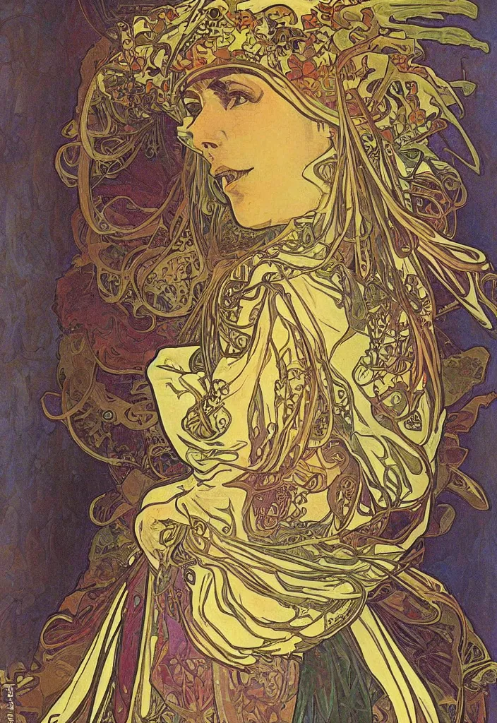 Image similar to Jurgen Schmidhuber on a tarot card, tarot in art style by Alphonse Mucha