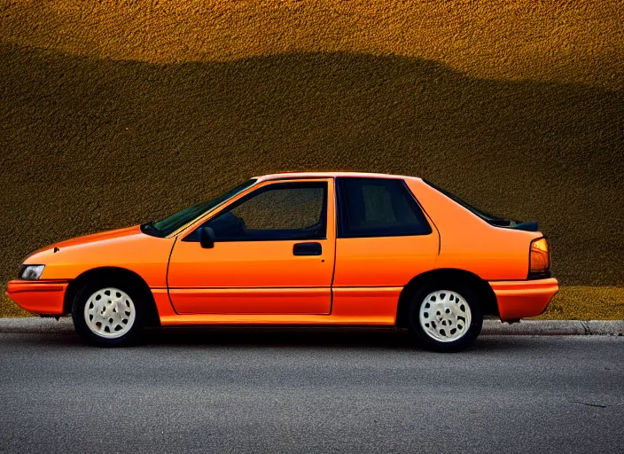 Image similar to a orange 1990 Honda Civic with tinted windows in the Bay Area California, dusk, high definition