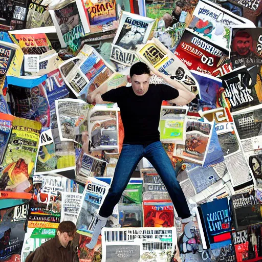 Prompt: a professional photographic collage and a young angry man ripping the magazines and newpapers, high definition, highly detailed, photo-realistic, unreal engine render, 16k