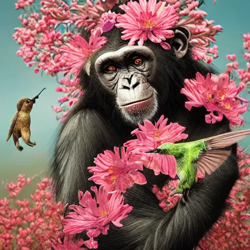 Image similar to beautiful young female chimpanzee surrounded by hummingbirds and fine floral ornaments, eye - level medium - angle shot, intricate, floral background, by esao andrews, by m. w. kaluta, by yoshita amano, intricate, symmetrical, natural lighting, smooth, 3 d octane render, depth perception, 4 k,, artstation