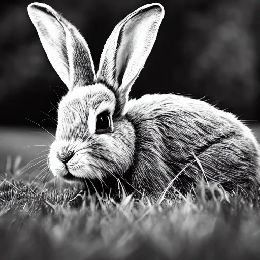 Prompt: Photo of a dwarf rabbit, black and white fur, laying down on grass, realism, very detailed