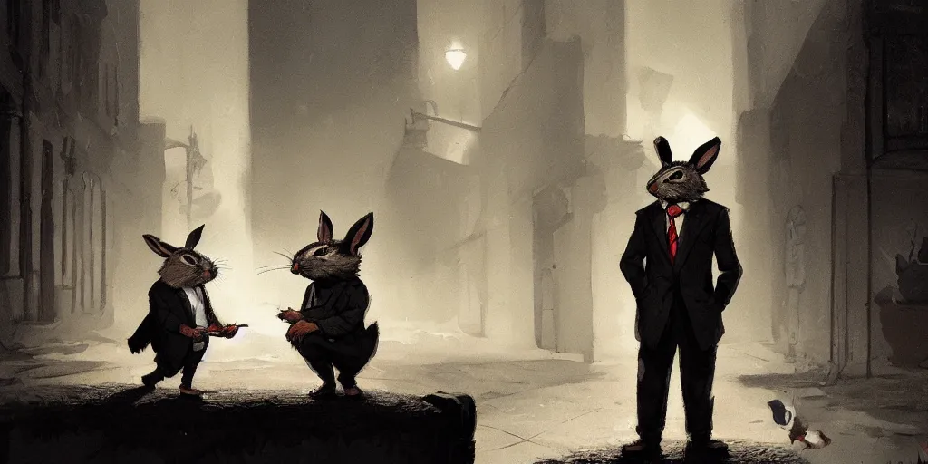 Image similar to rabbit wearing a tie is talking to a well dressed raccoon in a dark alley, warm color palette, night time, dramatic lighting, noir film, character sheet, fine details, high contrast, blacksad, kim jung gi, greg rutkowski, trending on artstation, 8 k, front view, back view, ultra wide angle