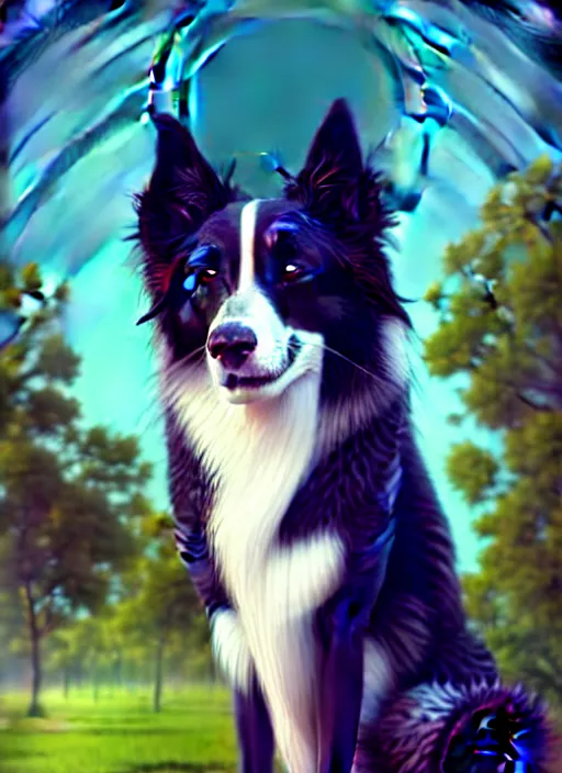 Image similar to wide angle beautiful full body portrait of a cute male anthropomorphic anthro border collie posing in front of a park, character design by charlie bowater, henry asencio, and ross tran, furry art, furaffinity, beautiful, glamor pose, detailed, aesthetic, trending on artstation