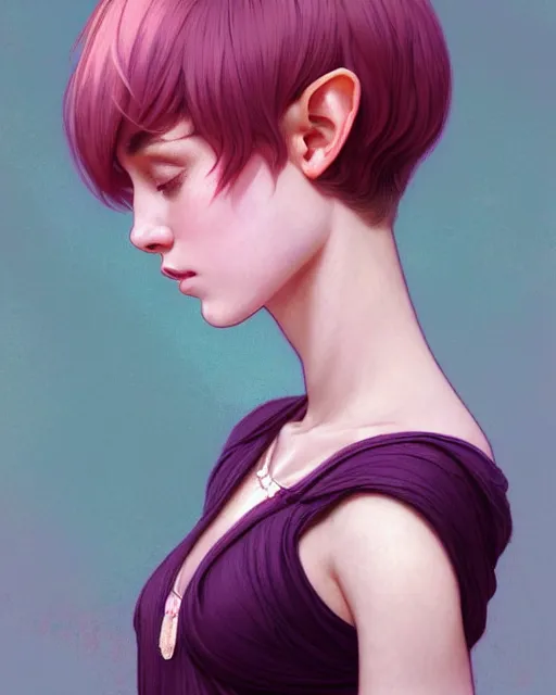 Image similar to portrait of a pink short haired till shoulder half elf with bangs, intricate, elegant, highly detailed, my rendition, digital painting, artstation, concept art, smooth, sharp focus, illustration, art by artgerm and greg rutkowski and alphonse mucha and uang guangjian and gil elvgren and sachin teng and wlop, symmetry!!