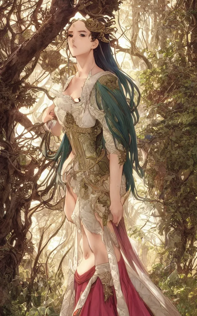 Image similar to anime key visual of amora the enchantress wearing a medieval gown!! intricate, magical forest, stunning, highly detailed, digital painting, artstation, smooth, hard focus, illustration, art by artgerm and greg rutkowski and alphonse mucha