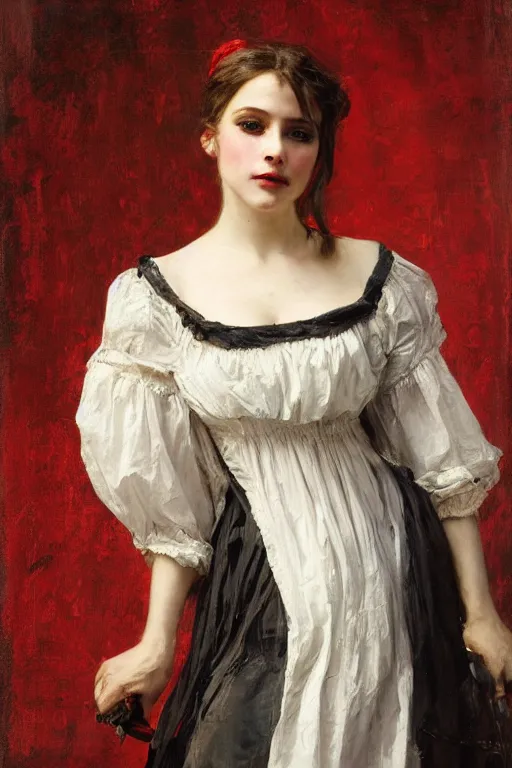 Image similar to Solomon Joseph Solomon and Richard Schmid and Jeremy Lipking victorian genre painting full length portrait painting of a young beautiful woman traditional german french actress model pirate wench in fantasy costume, red background