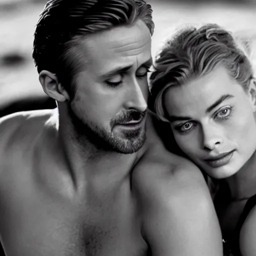 Image similar to still of ryan gosling and margot robbie, in pomepei ( 4 0 bc )