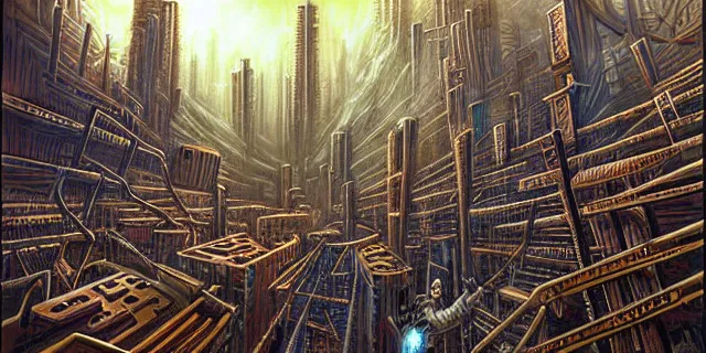 Prompt: painting of redwood forest labyrinth consuming cyberpunk metropolis in the style of steampunk by dan seagrave and john stephens