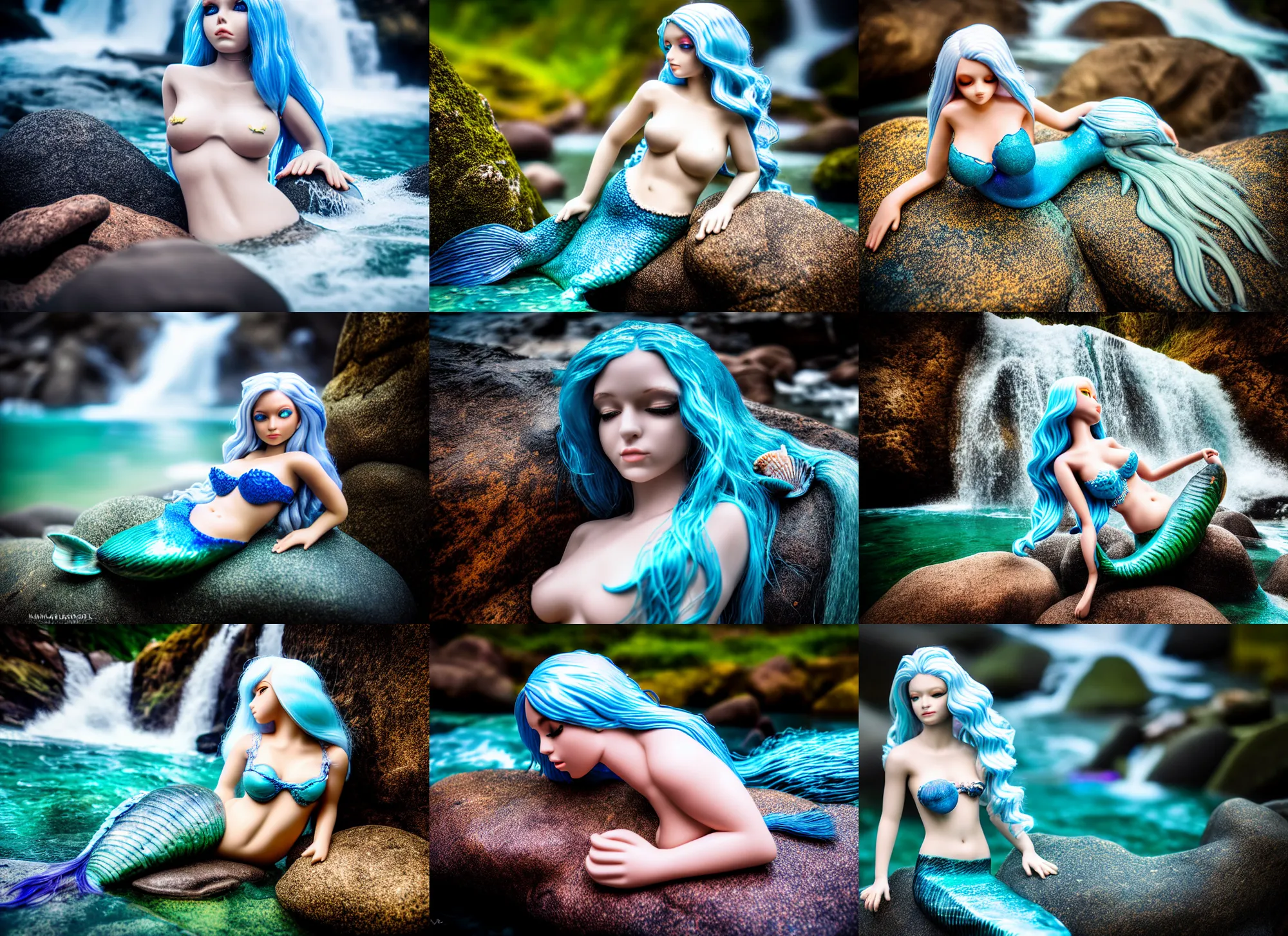 Prompt: nikon 5 5 mm photo of a mermaid with sea shells bra sitting on a rock under a waterfall, with closed eyes and long blue hair. highly detailed 8 k. intricate. lifelike. soft light. fantasy horror style. cinematic post - processing