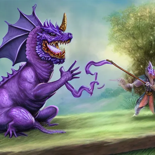 Image similar to purple dragon taming a gnome, fantasy illustration