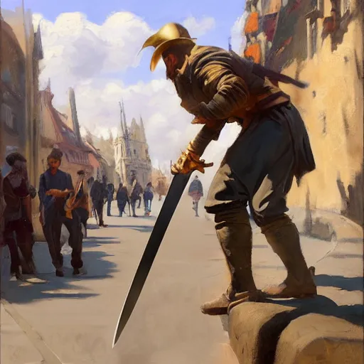 Image similar to greg manchess portrait of a man falling over a sword stuck between cobblestones, profile picture, organic painting, sunny day, matte painting, bold shapes, hard edges, street art, trending on artstation, by huang guangjian, gil elvgren, ruan jia, randy vargas, greg rutkowski