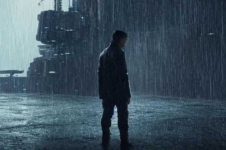 Prompt: a still from bladerunner 2 0 4 9 depicting a medium shot of akie kotabe wearing wet weather gear. he stares intently into the camera with a worried expression. behind him is a futuristic oil rig in the deep ocean. sci fi, futuristic, cinematic, low light, soft focus.