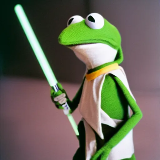 Prompt: Kermit the frog in Star Wars movie, dressed as a Jedi, with green lightsaber, polaroid photo, instax, white frame, by Warhol,