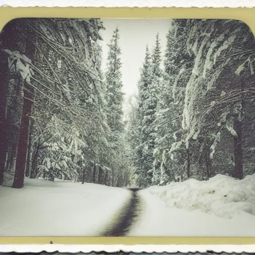 Prompt: atmospheric polaroid photograph of snowy forest growing on a city street