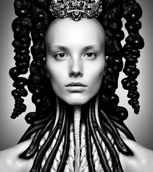 Prompt: a black and white high quality photo of a young beautiful female queen-vegetal-dragon-cyborg bust with a very long neck and Mandelbrot fractal face, Mandelbrot fractal skin, flesh, anatomical, facial muscles, veins, arteries, elegant, highly detailed, flesh highly baroque ornate, hair are wired cables, elegant, high fashion, rim light, octane render, in the style of Cindy Sherman, Realistic, Refined, Digital Art, Highly Detailed, Cinematic Lighting, rim light, black and white, photo-realistic, 8K