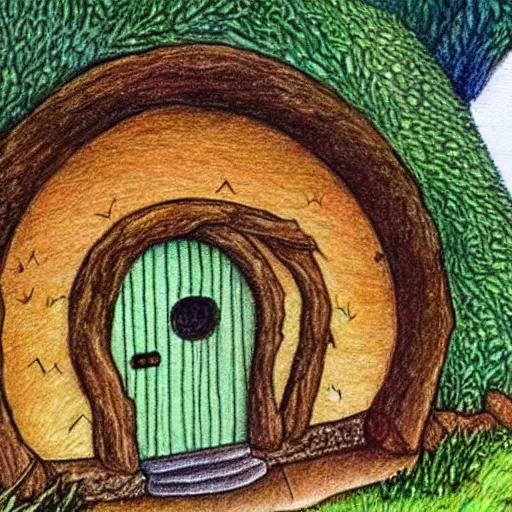 Image similar to colored pencil illustration of a hobbit house in the shire, in the style of Tolkien