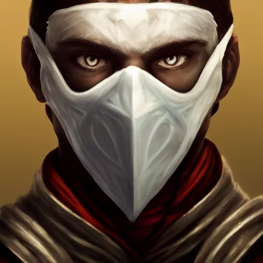 Image similar to a hyper realistic and detailed portrait of zum the planeswalker wearing a full face white marble mask completely hiding his face only showing it's eyes, focus on face, mystic, mysterious, merchant collector, 8k, no skin, black eyes, trending on artstation, masterpiece