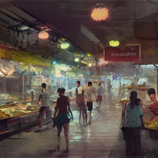 Image similar to concept art a singaporean neighborhood hawker centre, by greg rutkowski