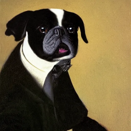 Prompt: a portrait of black pugalier dog wearing suit and tie, by vermeer,