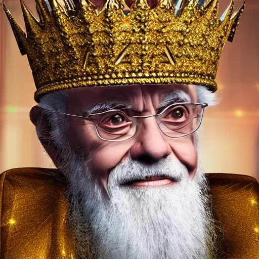 Image similar to James Randi with a diamond jeweled crown with a golden crown, photo-realistic, highly detailed, 8k, in the art style of Filip Hodas, 8k