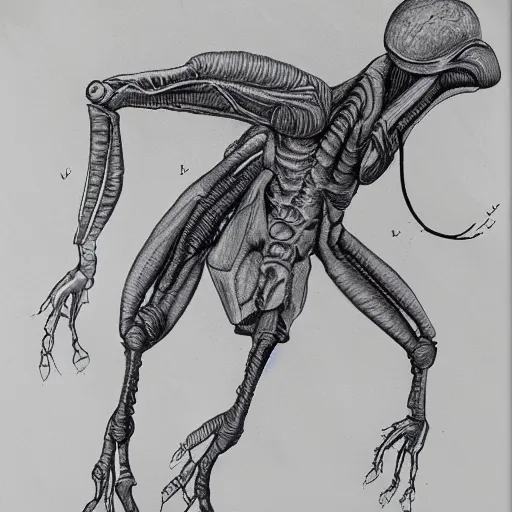 Prompt: biological drawing with annotations of an alien life form, highly detailed sketch