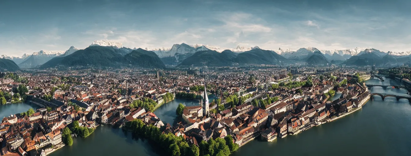 Image similar to Photo of Zurich, looking down the river at the lake and the alps, Hardturm, Grossmünster, wide angle, volumetric light, hyperdetailed, mountain water, artstation, cgsociety, 8k