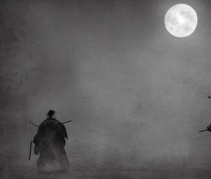 Image similar to '2d design graphic a samurai in the night ,big white moon background , gloomy and foggy atmosphere, octane render, horror scene, highly detailded , black and white ink '