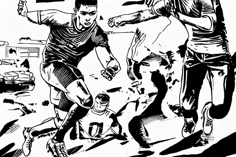 Image similar to cristiano ronaldo playing football, a page from cyberpunk 2 0 2 0, style of paolo parente, style of mike jackson, adam smasher, johnny silverhand, 1 9 9 0 s comic book style, white background, ink drawing, black and white