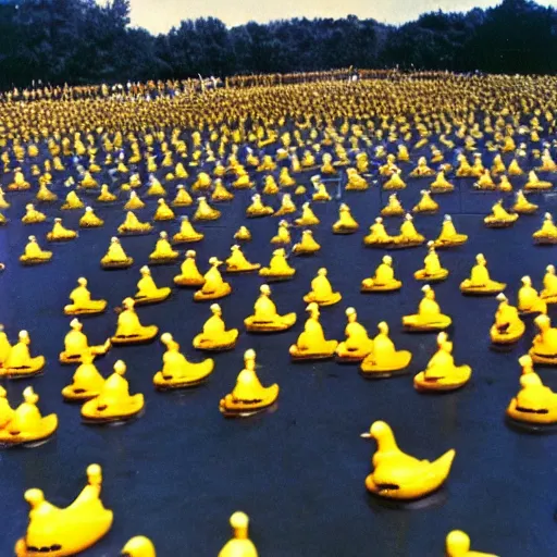 Prompt: a thousand burning rubber ducks, 1964 photo