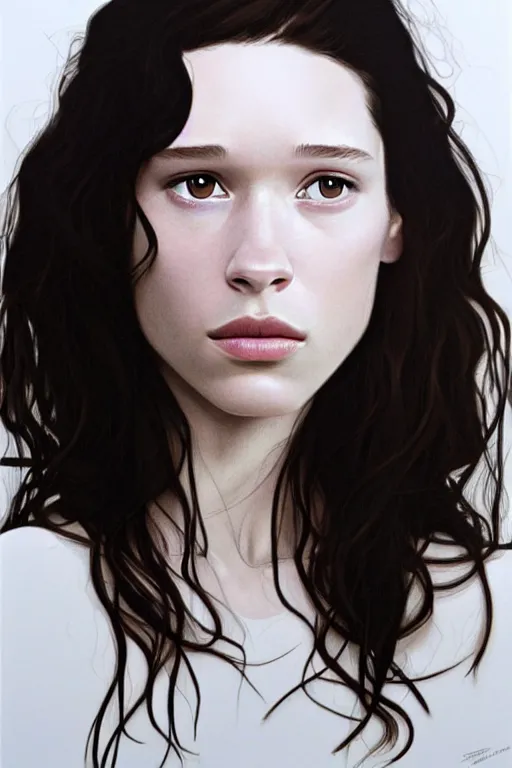 Prompt: a gallery artwork by Phil noto of Astrid berges frisbey; proportional face; beautiful face; lithe; wistful; symmetrical features