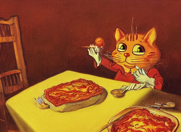 Image similar to detailed realistic surrealist painting of garfield eating lasagna at dusk, in the style of vincent van gogh and salvador dali and wayne barlowe