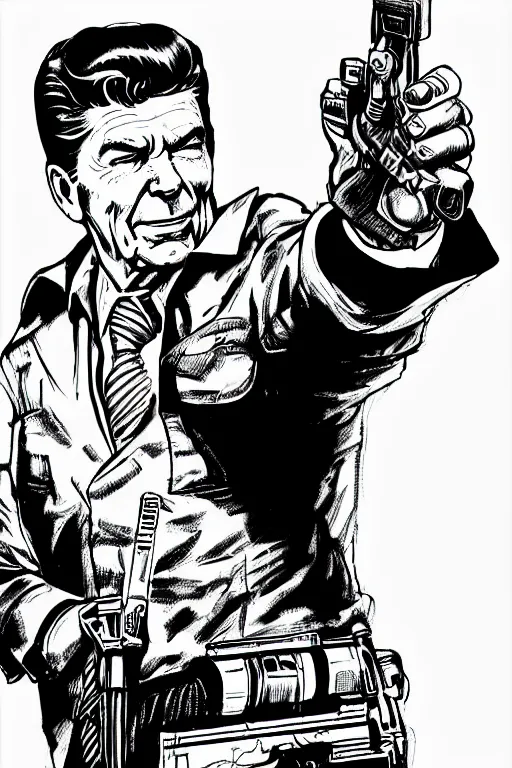 Image similar to ronald reagan holding a pistol, a page from cyberpunk 2 0 2 0, style of paolo parente, style of mike jackson, adam smasher, johnny silverhand, 1 9 9 0 s comic book style, white background, ink drawing, black and white, colouring pages