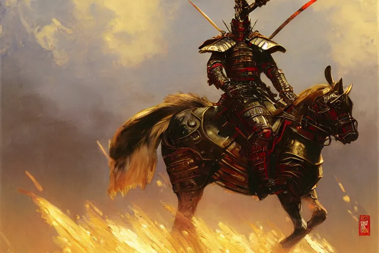 Image similar to armored samurai painting by gaston bussiere, craig mullins, j. c. leyendecker, tom of finland,