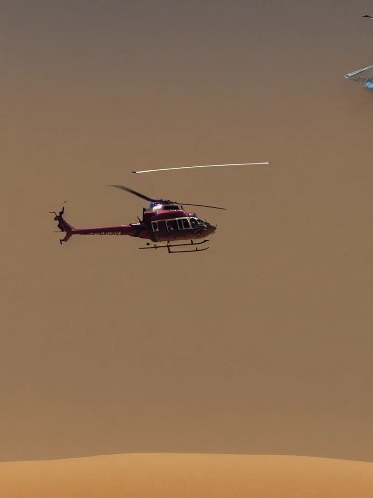 Prompt: close up! photo of helicopter flying over a sand hills covered in dust, desert environment, extremely detailed matte painting by jeremy geddes, featured on cg society, video art, reimagined by industrial light and magic, anamorphic lens flare, # vfxfriday