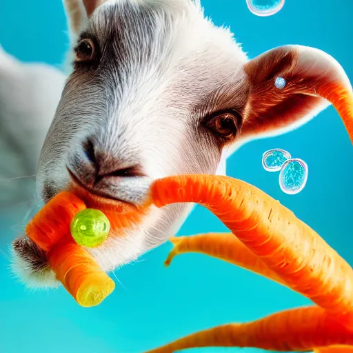 Image similar to Underwater shot of a baby goat’s head eating a carrot, water bubbles, particulate, extremely detailed, studio lighting