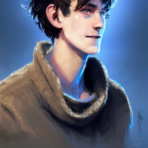 Image similar to portrait of a very masculine teenage girl with blue eyes and brown hair, short men's haircut, with a big nose, smiling, wearing an oversized sweater, dramatic lighting, illustration by Greg rutkowski, yoji shinkawa, 4k, digital art, concept art, trending on artstation