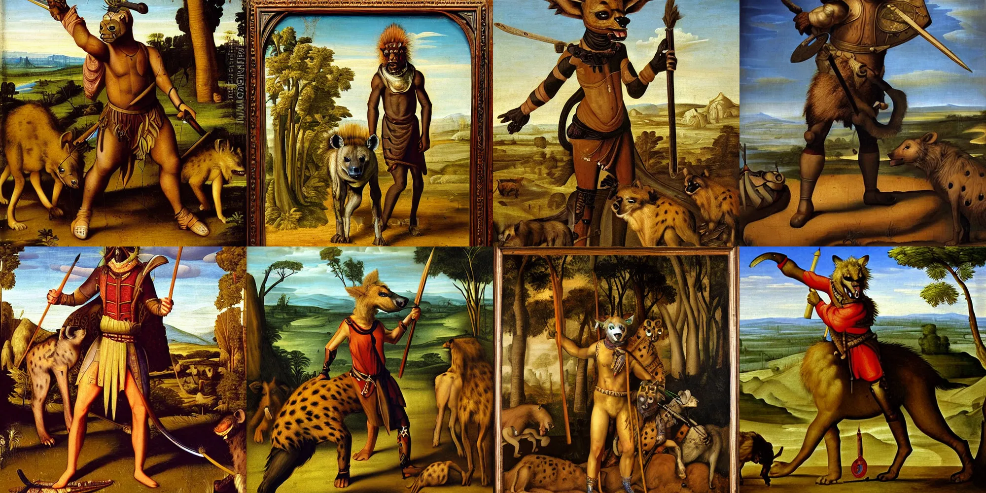 Prompt: An anthropomorphic hyena warrior in the savannah, medieval, Renaissance painting by Robert Cleminson