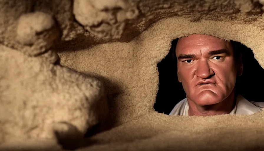 Image similar to Quentin Tarantino sitting inside house made of feet, cinematic lighting, IMAX close-up of face, cinematography, 35mm