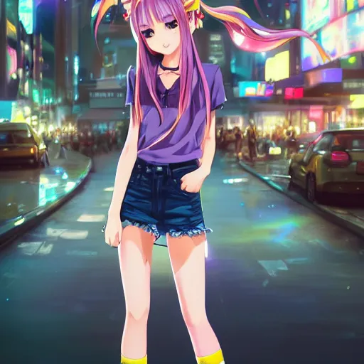 Prompt: a very beautiful anime girl, full body, long rainbow iridescent hair, sky blue eyes, full round face, short smile, mini jeans skirt, cute top, urban setting, cinematic lighting, medium shot, mid-shot, highly detailed, trending on Artstation, Unreal Engine 4k, cinematic wallpaper by Stanley Artgerm Lau, WLOP, Rossdraws, James Jean, Andrei Riabovitchev, Marc Simonetti, and Sakimichan