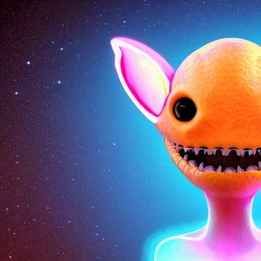 Prompt: an alien with a face that looks like a fuzzy peach the peach is fuzzy pink warm and ripe the alien has horns and a mean smile, 4k, highly detailed, high quality, amazing, high particle effects, glowing, majestic, soft lighting, realistic reflections