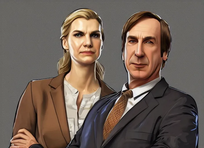 Image similar to kim wexler and saul goodman, ilustration by wanda gag, extremely detailed artstation, for aaa game, high quality, adobe ilustrator, behance